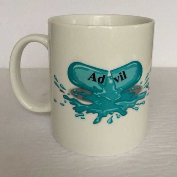 Advil Novelty Coffee Mug White Aqua Print Double Sided Ceramic Ware 10 oz - Picture 3 of 8